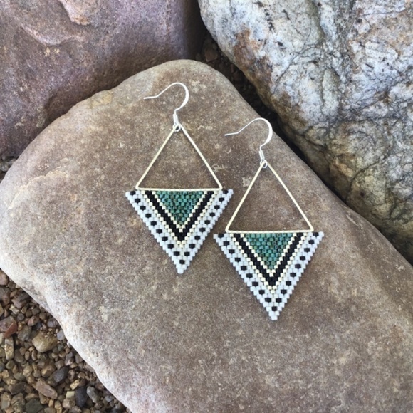 Turquoise Triangle Beaded Earrings, Handmade by Me - Picture 5 of 6